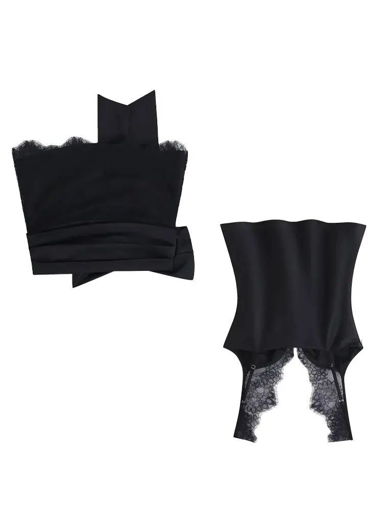 

HH Summer Women Satin Texture Lace Skirt Set Backless Zipper Vintage Top+High Waist Splice Bow Decoration Pleated Mini Skirt