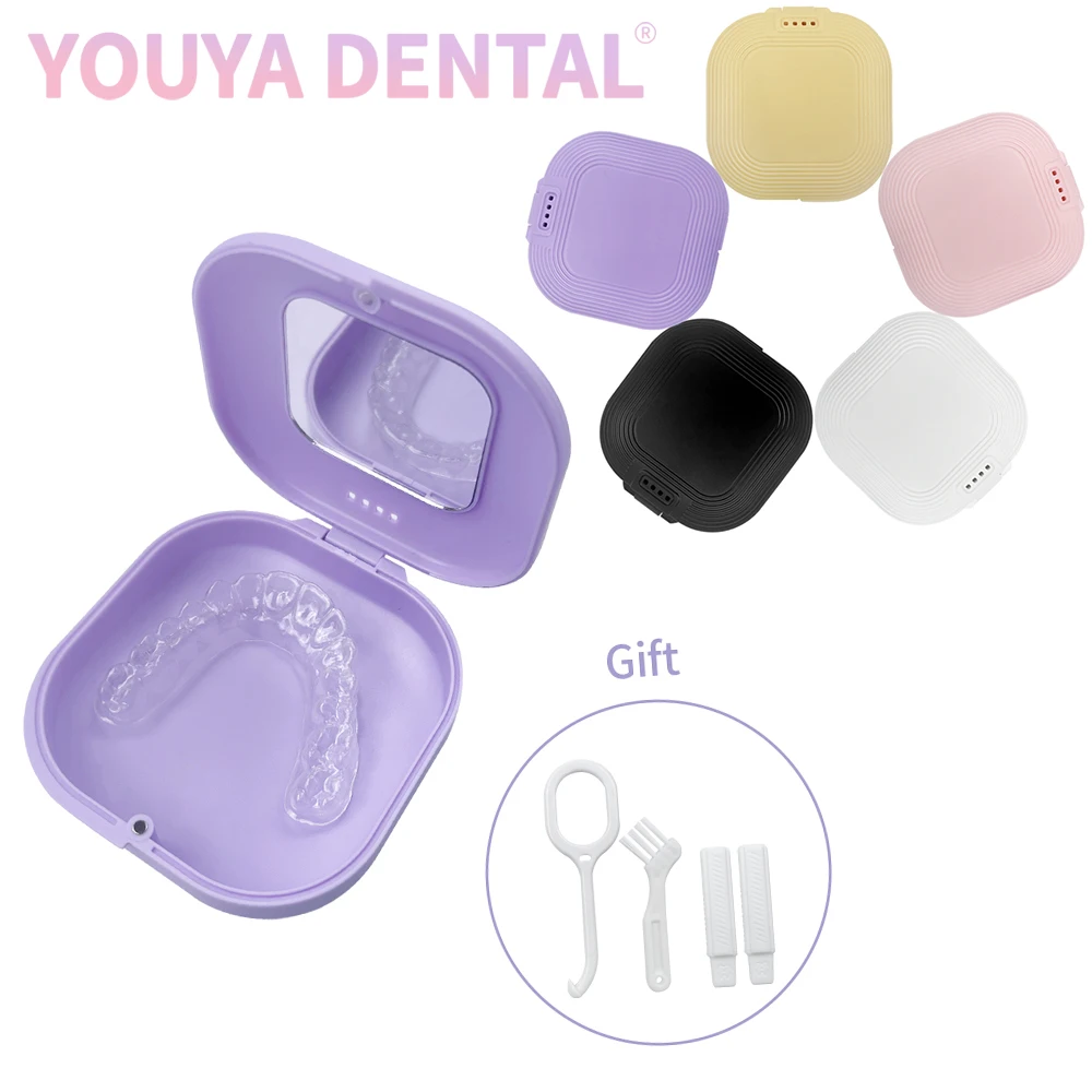 

1Pcs Retainer Case with Mirror Vent Holes Compact Aligner Case with Chewies and Removal Tool Denture Cleaning Tooth Storage Case