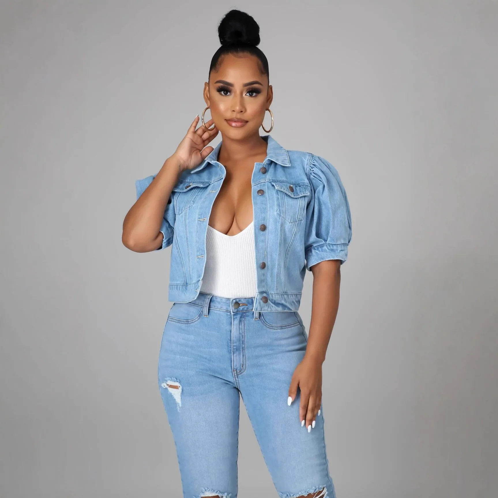 Puff Sleeve Short Sleeve Jacket Regular Fit Casual with Notched Collar Medium Weight Washed Finish Cropped Spring for Women