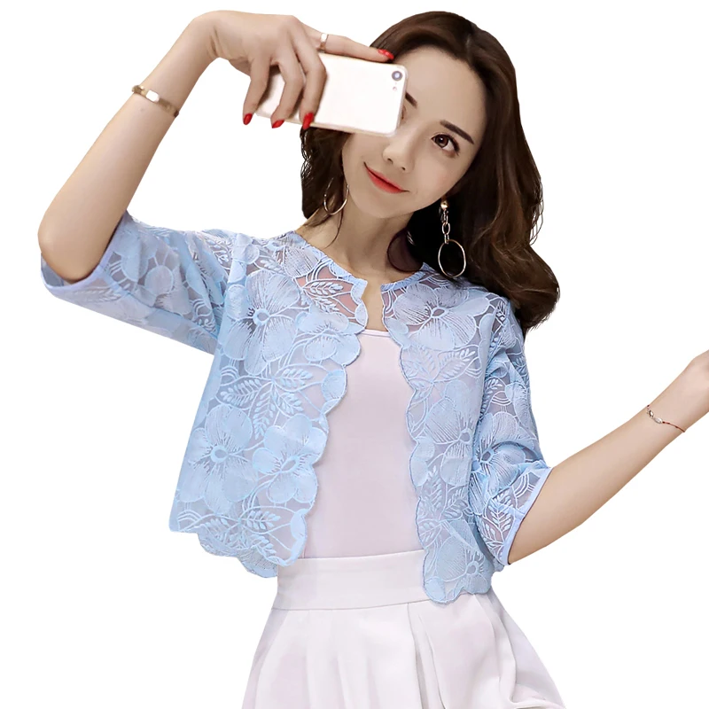 Lace Tops Women 2024 Summer Short White Cardigan Feminino Sunscreen Blouse Elegant O-neck Hollow Out Women's Shirt