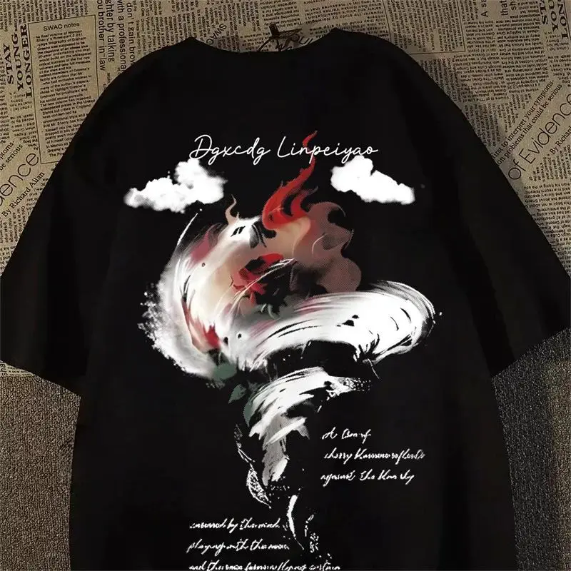 

2025 Fashion Pure Cotton High-quality High-street Flame Rose Printing T-shirt Skin-friendly Trendy Large-size Couple T-shirts