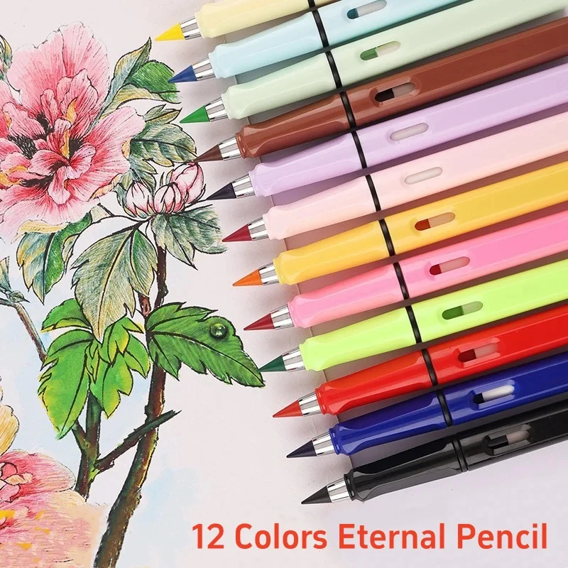 6/12/24pcs Kawaii 12 Colors Eternal Pencil No Ink Unlimited Pencils School Kids Art Painting Color Sketch Writing Stationery