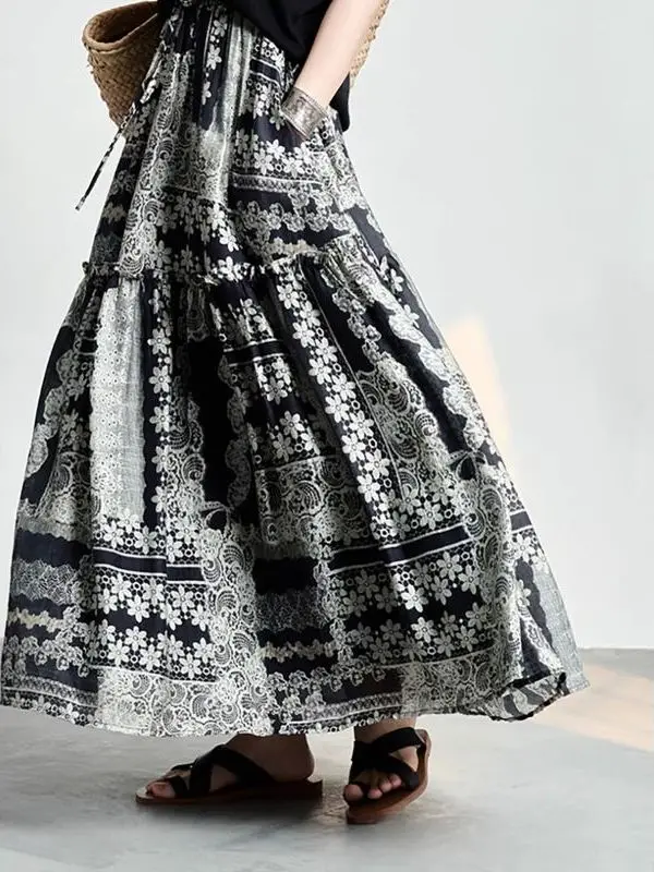 

High Waist A-Line Skirt Large Size Floral Print Pear Shape Summer New Style Artistic Long Skirt Women's plus Size Fashion