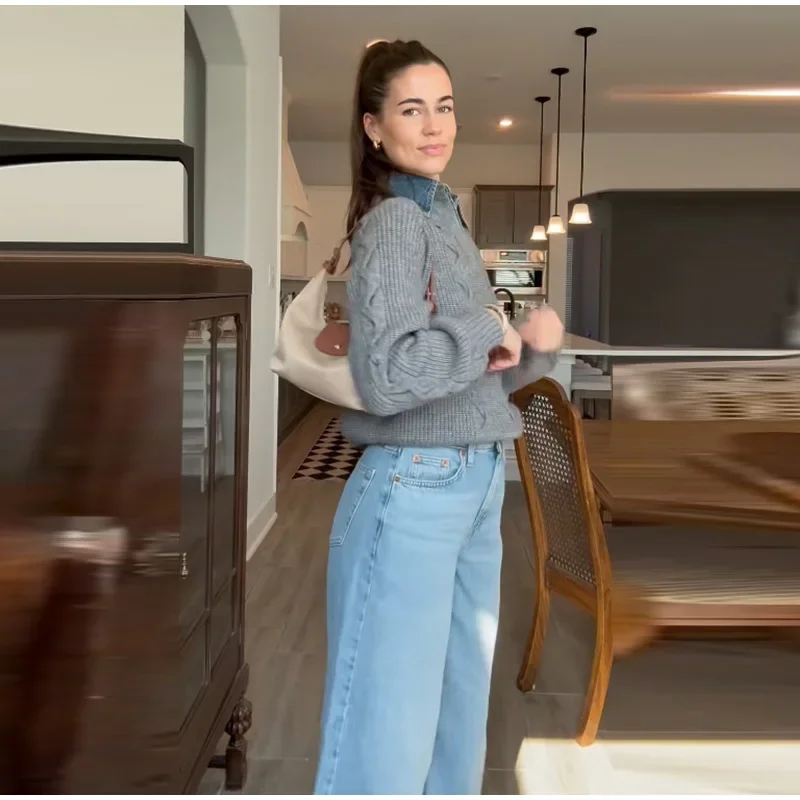 Gedrehter Revers-Kragen Denim-Patchwork Strickpullover für Damen, Streetwear Langarm Locker Sitzende Strickwaren, Schicke Damen-Oberbekleidung Neu – Detail 12