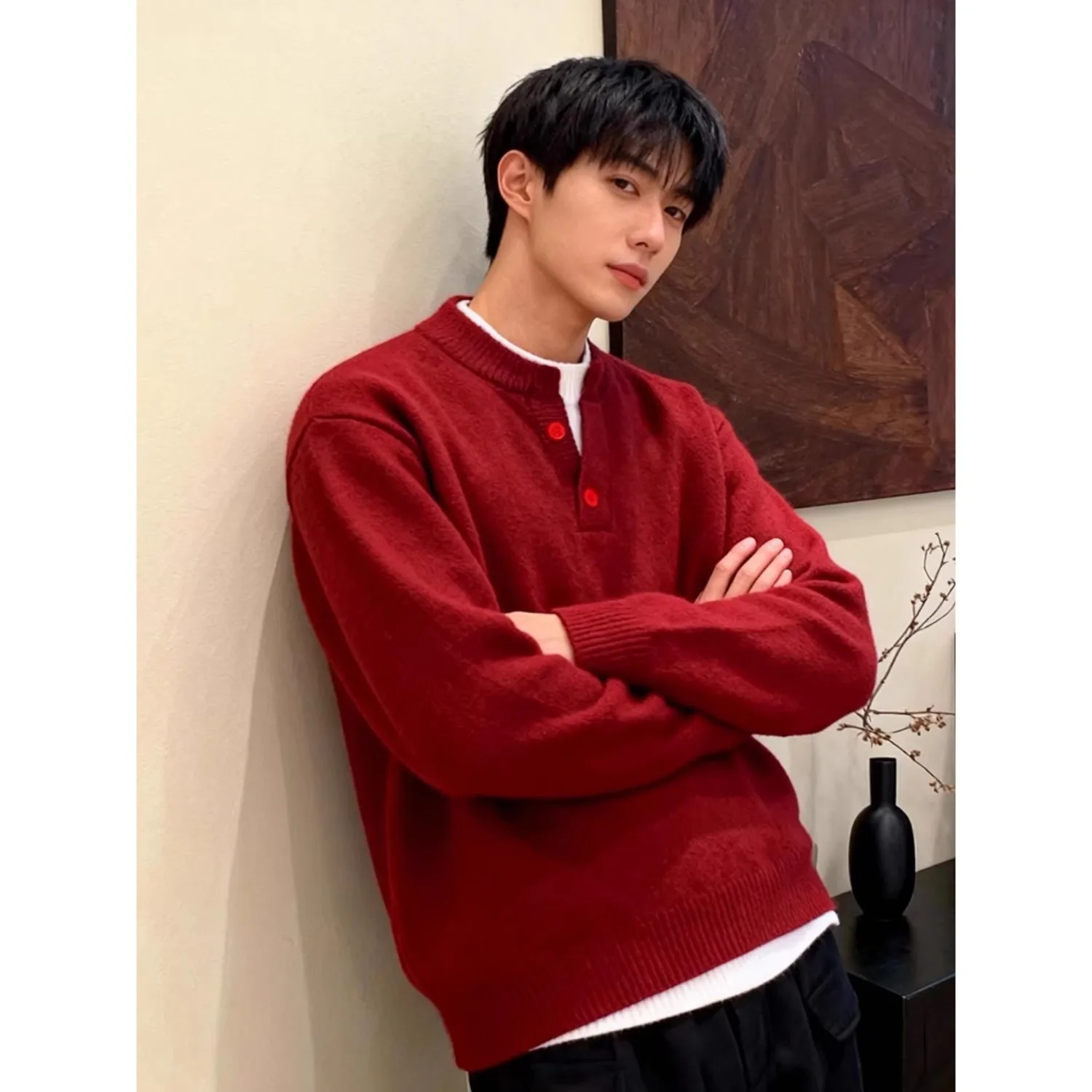 

Men's Large Size Knitted Sweater Cisas Theme Henry Collar Red Long Sve Base irt Soft Polyester Winter Casual Wear