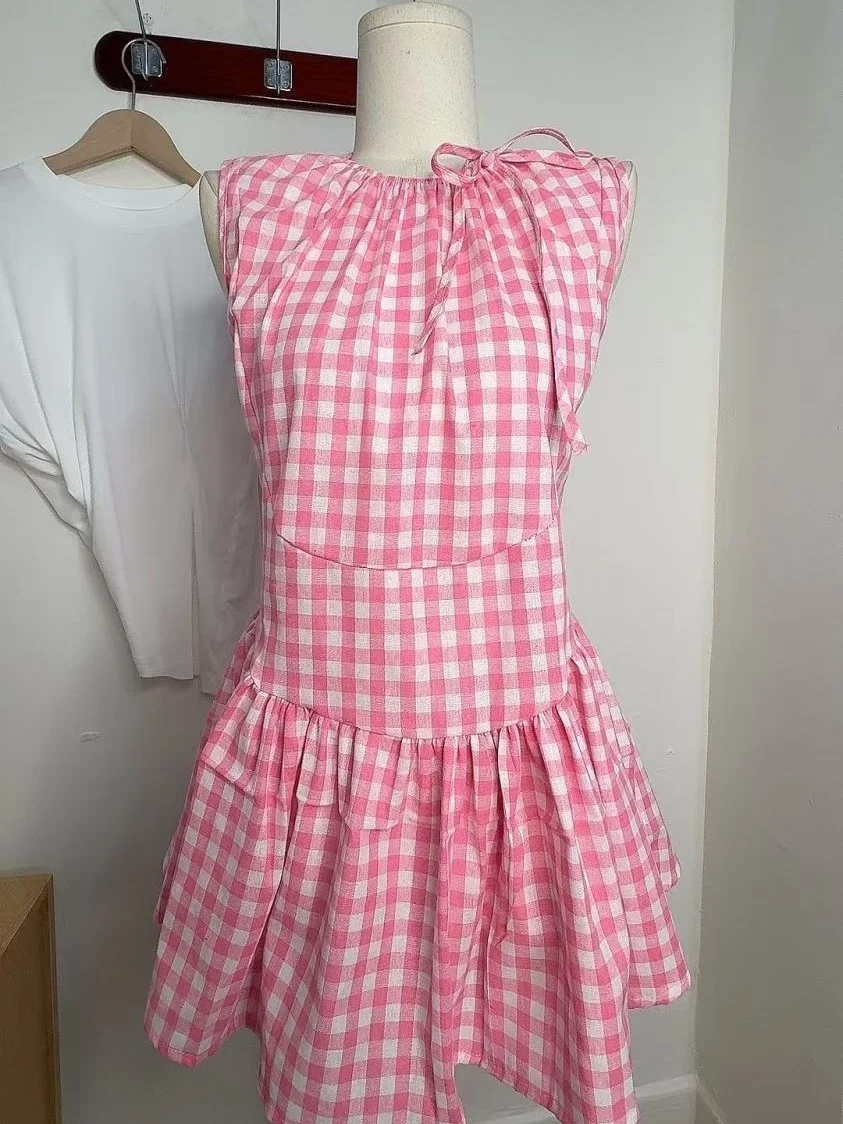 Plaid Dresses Women Sweet Sleeveless Bandage Summer Fashion New Elegant Mini Dress Casual Dress