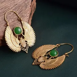 Vintage Golden Egyptian Style Sacred Wings Beetle Design Inlaid Emerald Hoop Earrings Gold Color Earring Party Gift