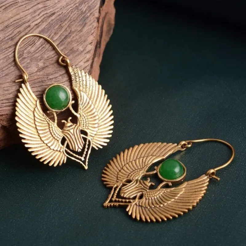 Vintage Golden Egyptian Style Sacred Wings Beetle Design Inlaid Emerald Hoop Earrings Gold Color Earring Party Gift