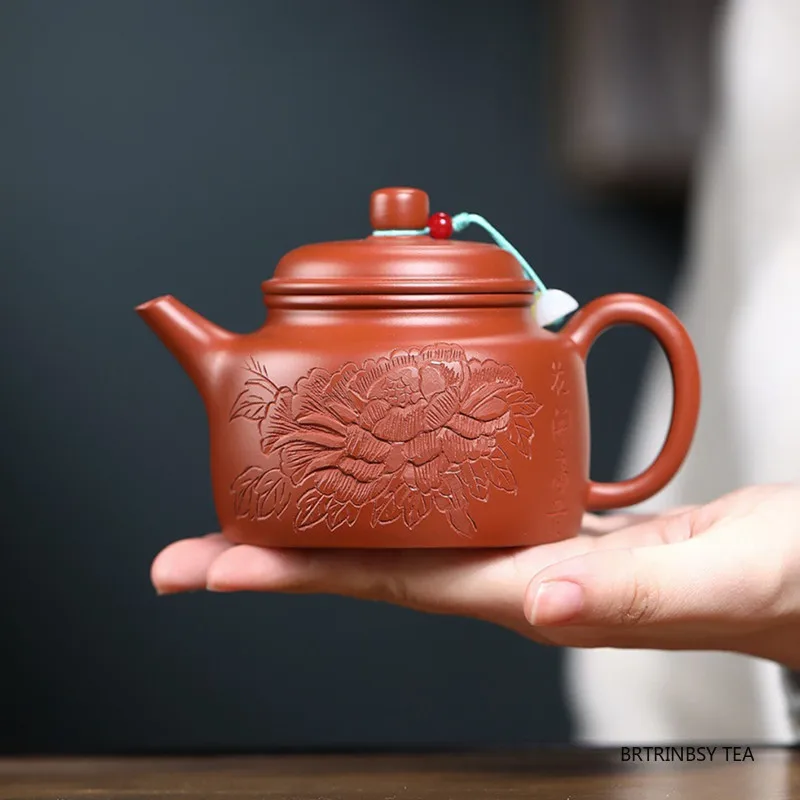 

240ml Chinese Yixing Handmade Purple Clay Teapot Raw Ore Zhu Mud Kettle Hand-carved Flowers Tea Pot Household Zisha Teaware