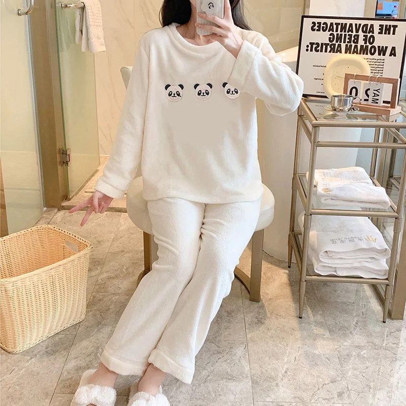 Thickened Warm Sleepwear for Winter Women Pajamas Flannel Cartoon Panda O-Neck Coral Velvetplus Winter Pajamas Ladies Offer Xl