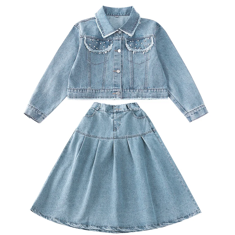 Fashion Kids Girls Denim Clothing Suit Skirt and Jacket 2 Piece Set for Teens Child Casual Streetwear Outfit Cowgirl Clothes Set 3