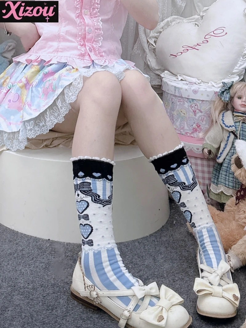 

Japanese Original Rhombus Lolita Mid-tube Cotton Socks Alice College Style Versatile Blue and White Love Calf Socks Princess