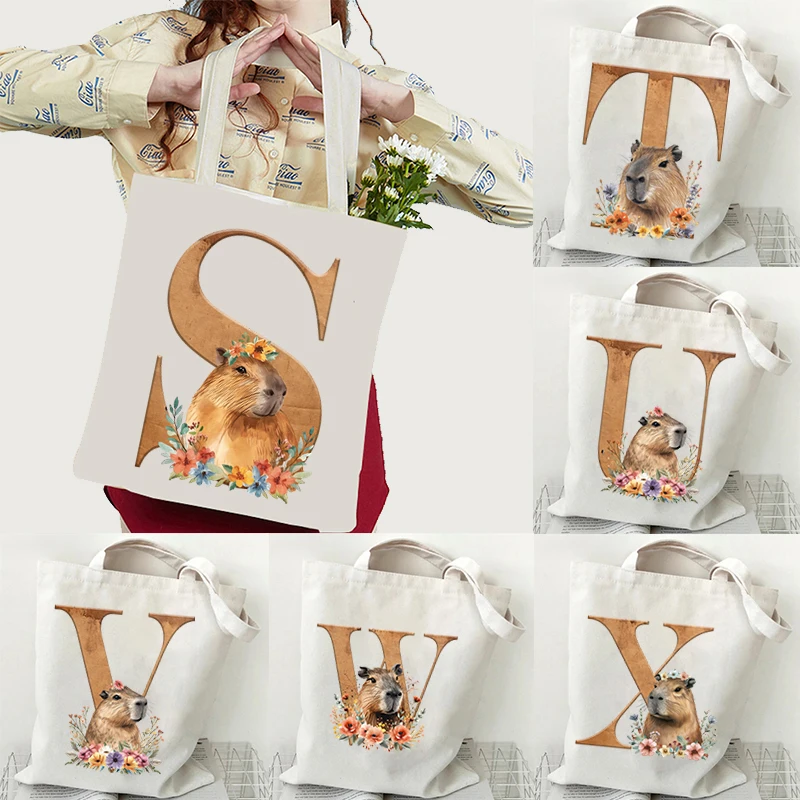 

Funny Capybara Alphabet Canvas Bag for Women Shopper 26 Letters Handbags Storage Reusable Shoulder Tote Bag Cartoon Hand Bag