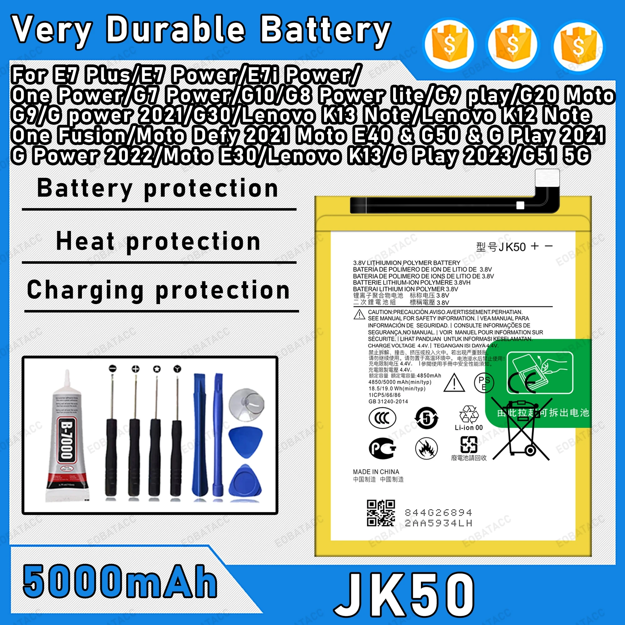 

5000mAh 100% New JK50 Battery For Motorola E7 Plus/E7 Power/E7i Power/E30 Replacement Bateria+Free Tools