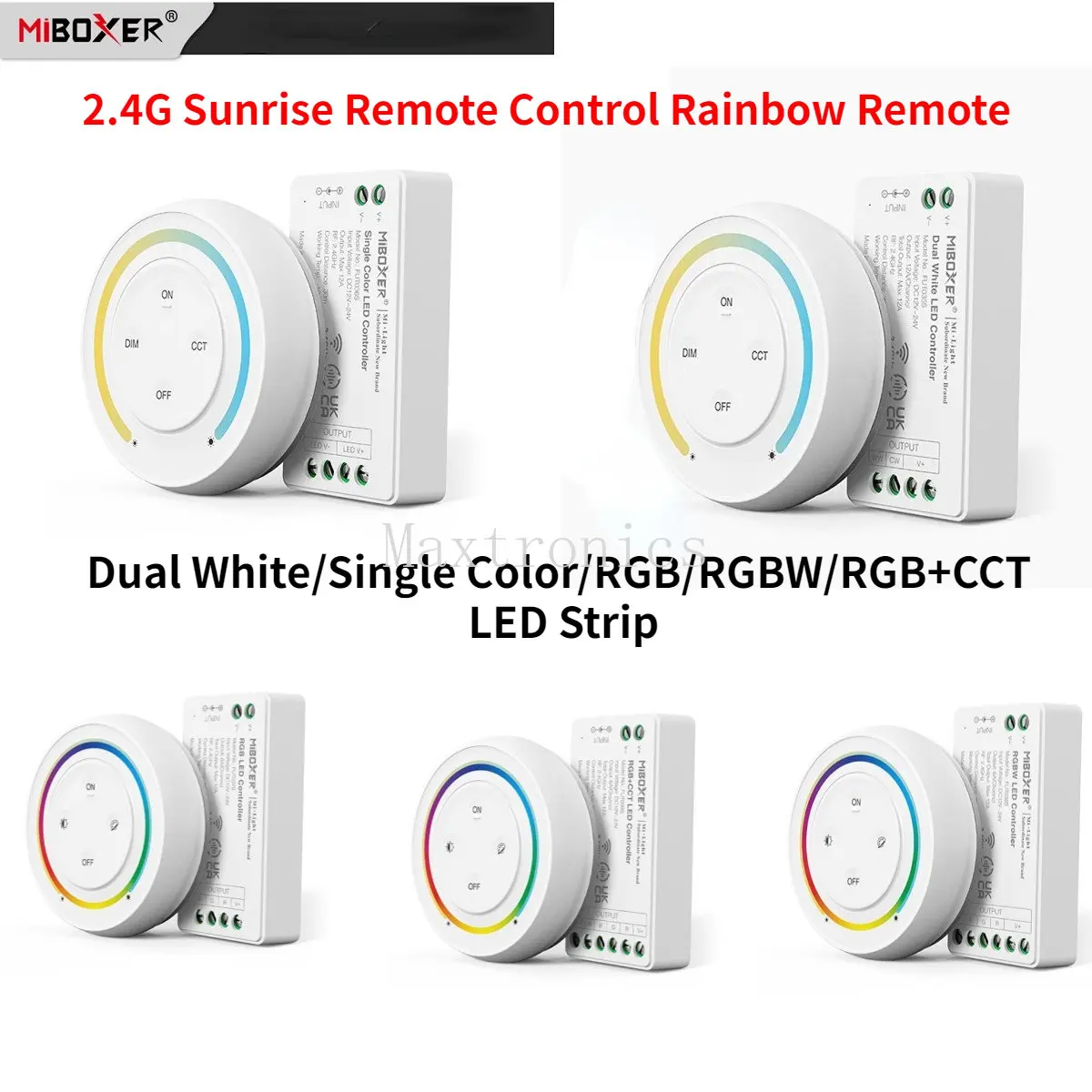 

Miboxer DC12-24V FUT035/36/37 2.4G Sunrise Remote Control Rainbow Remote For Dual White/Single Color/RGB/RGBW/RGB+CCT LED Strip