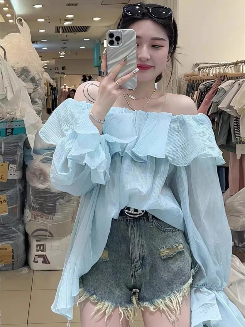 Sweet Off Shoulder Slash Neck Hollow Shirt Korean Style Loose White Blouse Casual Flared Long Sleeve Sunscreen Tops Blusas 27874