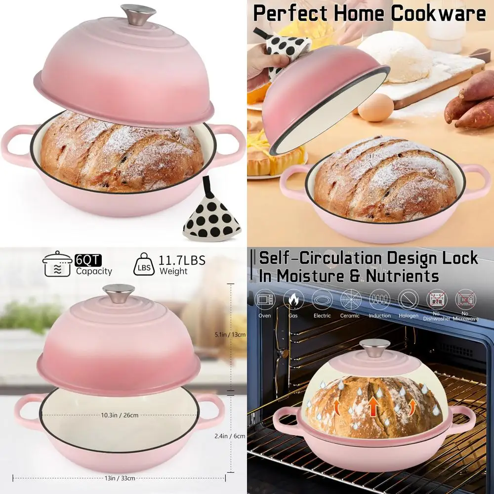 

10 Inch Enamel Cast Iron Dutch Oven with Lid and Cotton Potholder, 6 Quarts Capacity for Bread Baking