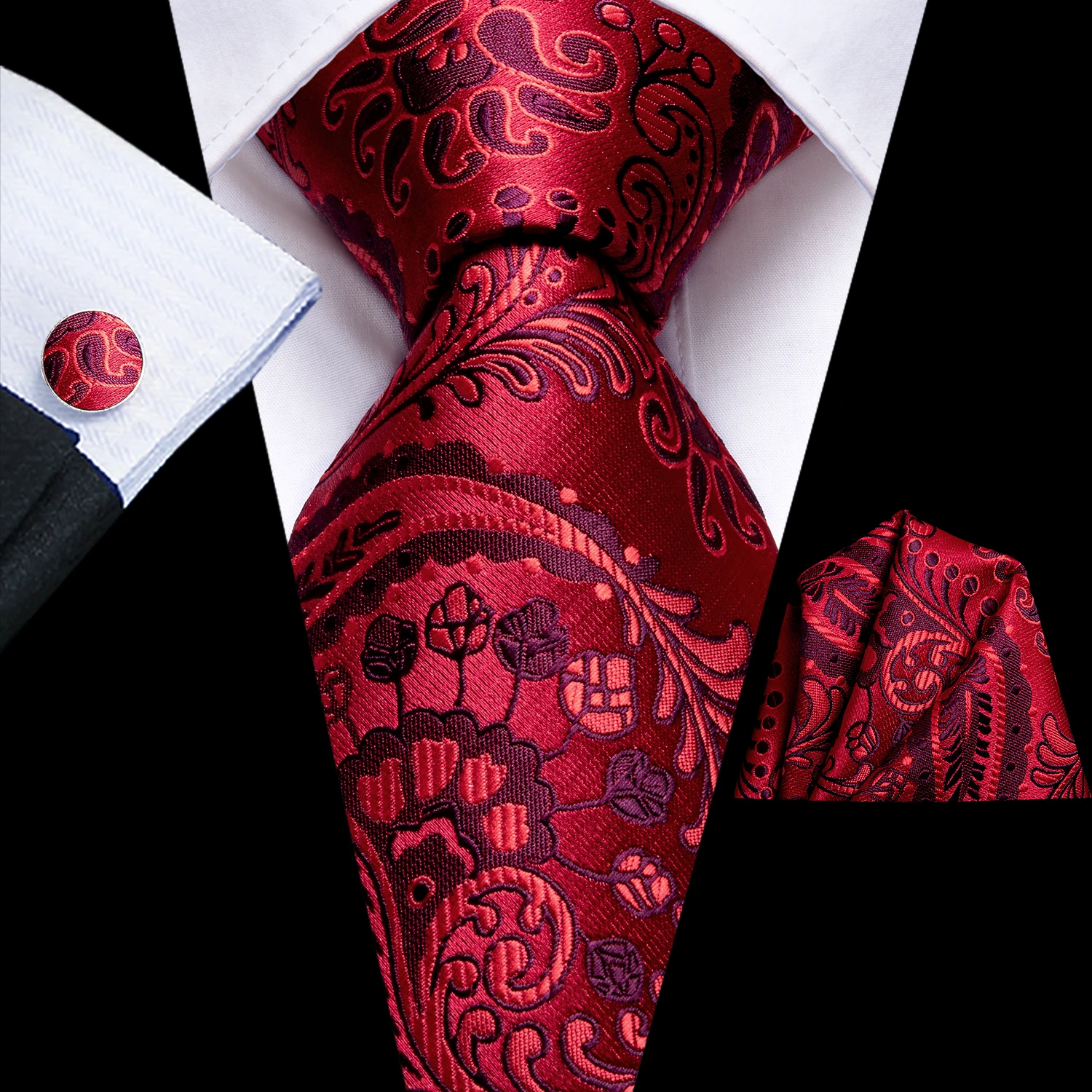 Multi Occasion Mens Tie Set 3PCS, Assorted Paisley Plaid Necktie Cufflinks Handkerchief