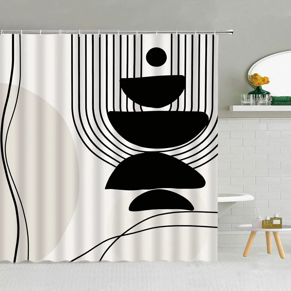 Black and White Shower Curtain, Abstract Mid-Century Modern Minimalist Geometric Line Art Aesthetic Vintage Bathroom Decoration