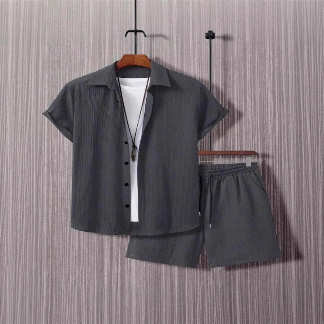 Summer New Men's Short-sleeved Shirt Shorts Set Casual Thin Breathable view 3