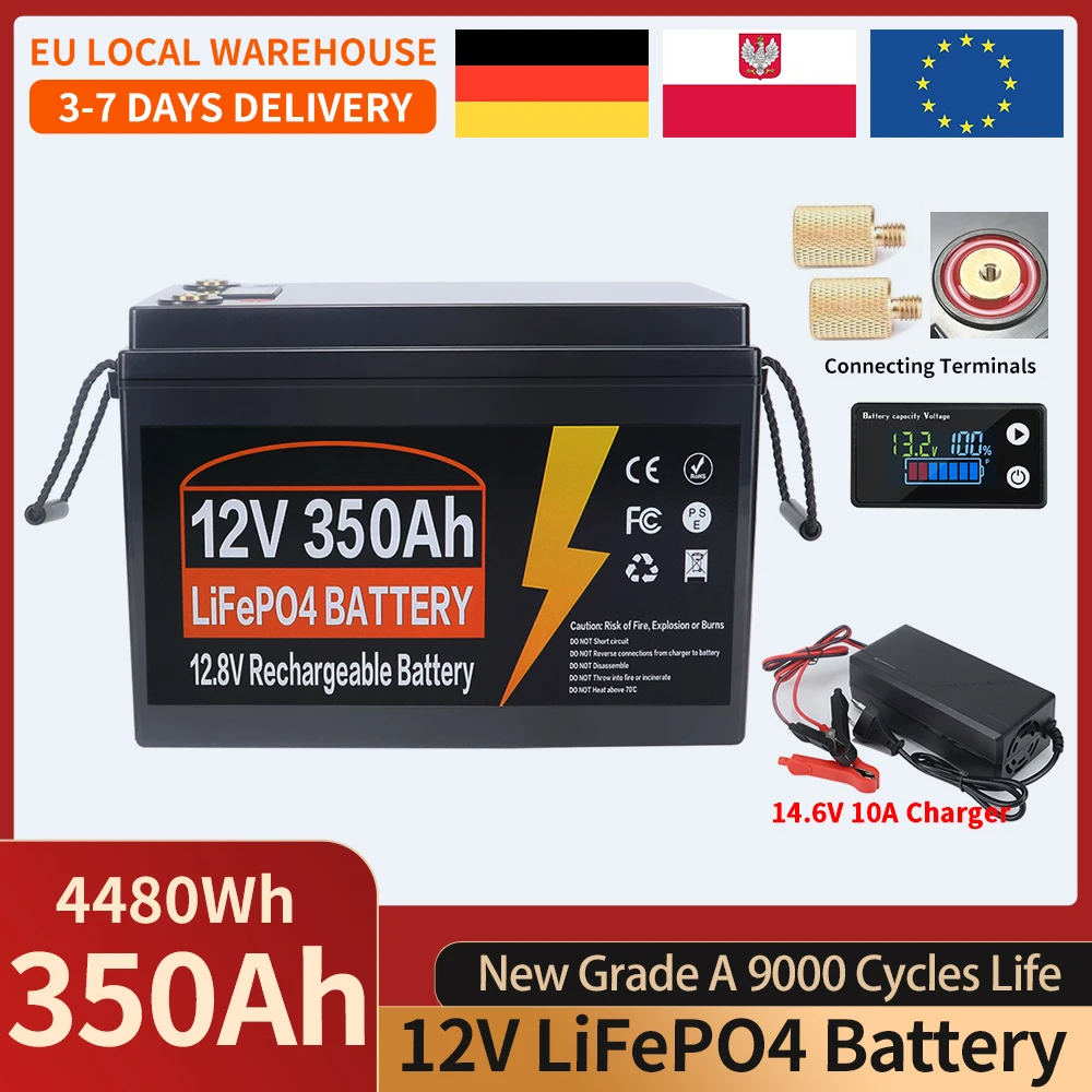 12V 24V 350Ah 200Ah 150Ah 100AH LiFePO4 Lithium IJzerfosfaat Batterij met ingebouwde BMS, 9000 cycli, voor golfkarren, zonne-energie, campers, EU voorraad