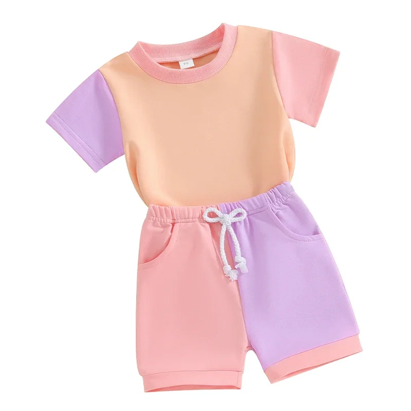 

Toddler Girls Boys Shorts Sets Short Sleeve Crewneck Contrast Color Tops and Drawstring Shorts Sets