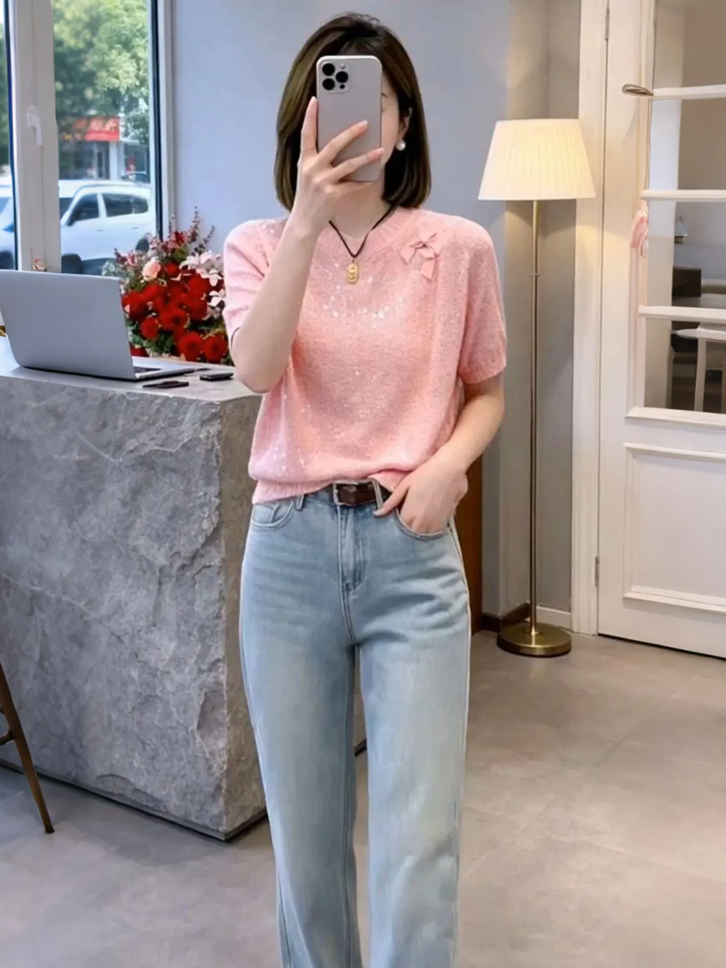 

Fashionable Glitter Design Short Sleeve Knitted round Neck T-Shirt Women's Summer 2026 New Style Versatile Comfortable Breath...