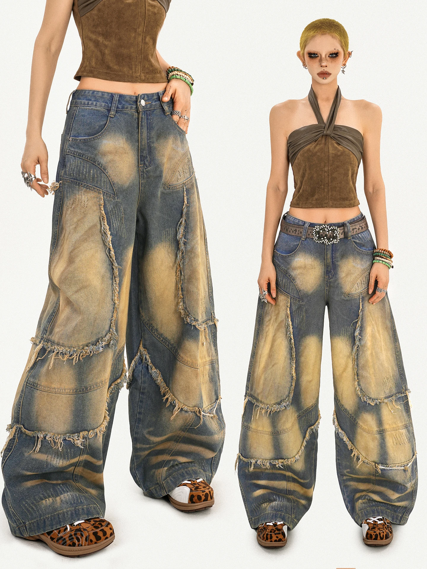 

Женские джинсы из денима с рваным краем в стиле ретро, осенне-зимние, свободные, широкие, в пол, с молнией на талии