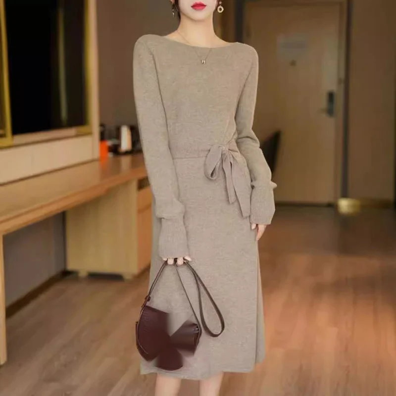 

Women's Autumn Style Fashion Office Lady Simplicity Lacing O-neck Long Sleeve Dress Women Clothes Temperament Knitted Dress