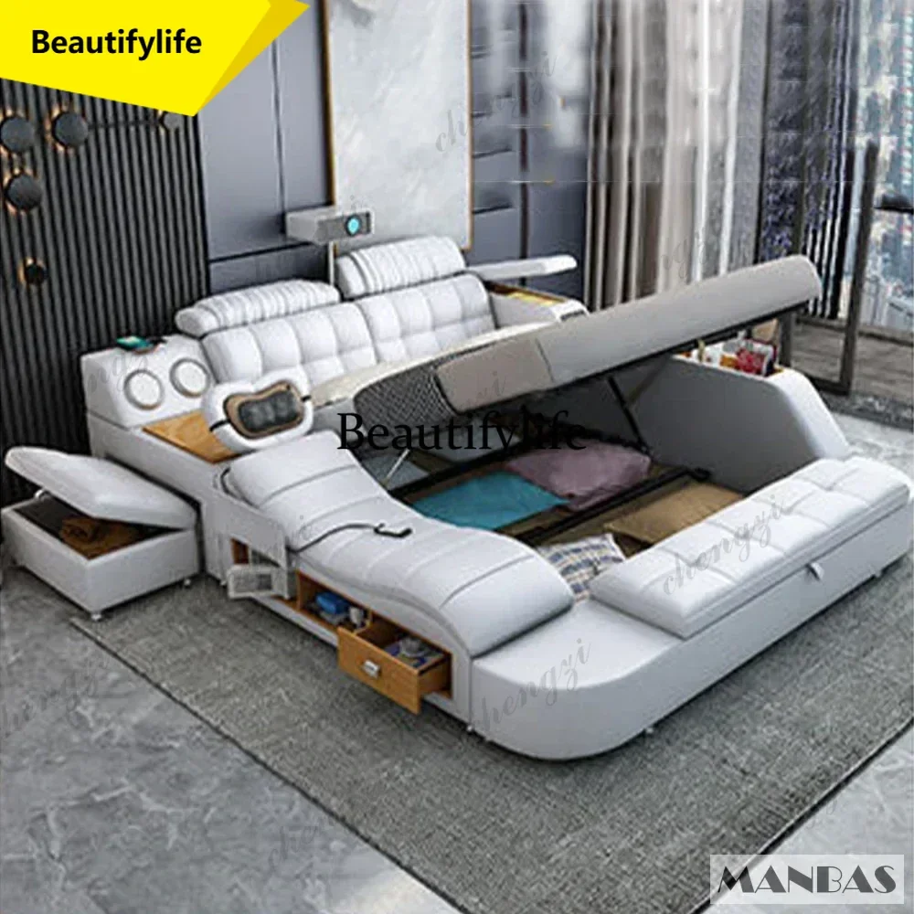 M9344    Tech Smart Genuine Leather Bed | Multifunctional Ultimate Beds | Massage Tatami Bed with Projecter | Upholstered C
