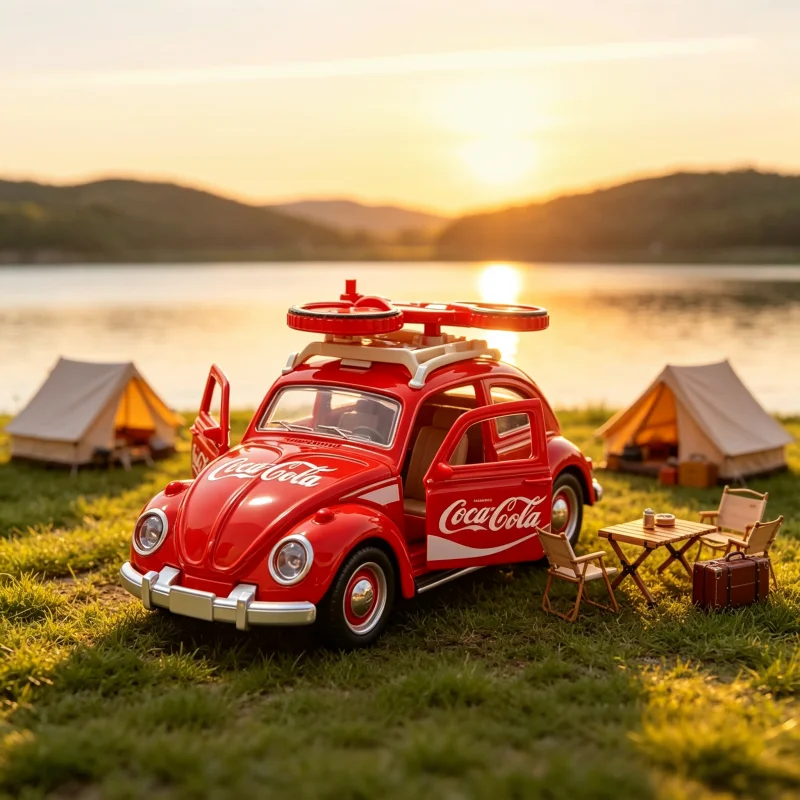 Retro Beatles-style alloy pull-back toy car, travel-themed model with a roof rack and opening doors, 1:32 scale collectible deco