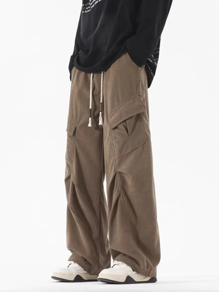 

American Retro Work Pants Men's New 2024 Autumn Folded Design Straight Wide Leg Long Pants Large ket Casual Trousers