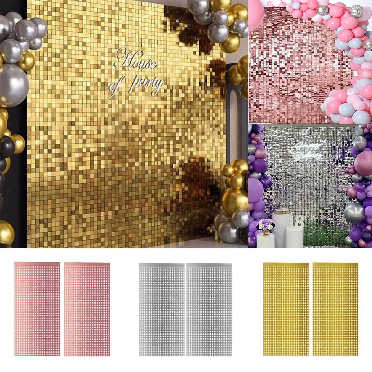 Pacote com 3 Cortinas de Glitter para Festas, Decorações em Prata e Ouro Rosa, Cortina para Aniversário e Casamento
