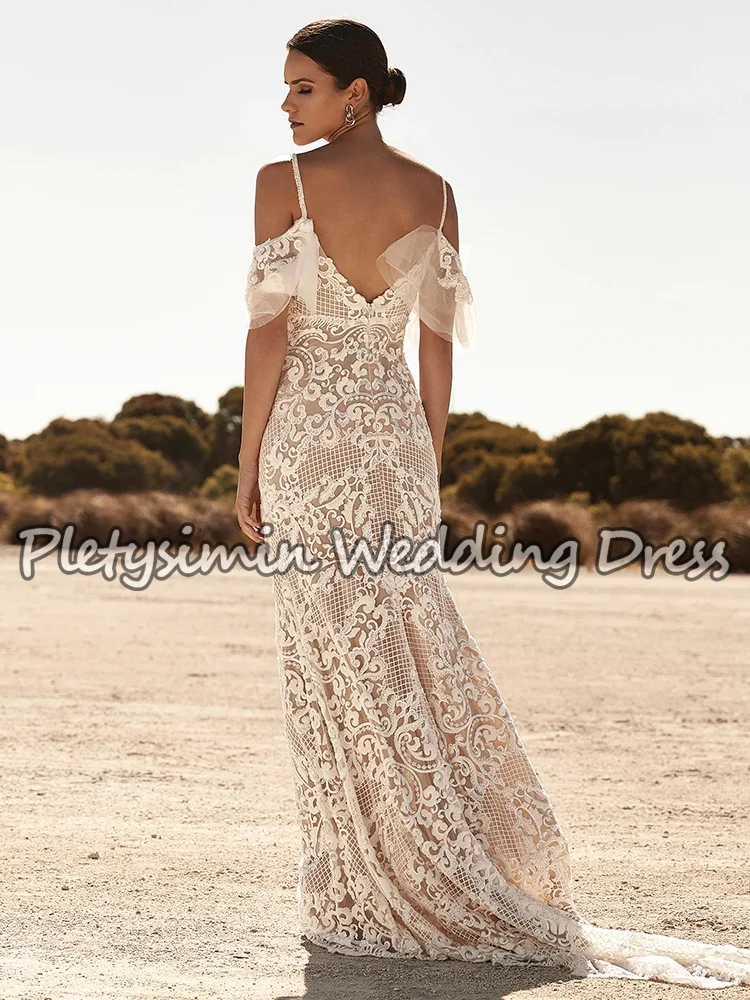 Pletysimin 매력적인 인어 레이스 웨딩 드레스 스파게티 스트랩 V 넥 백리스 오프 숄더 보헤미안 신부 가운 맞춤형