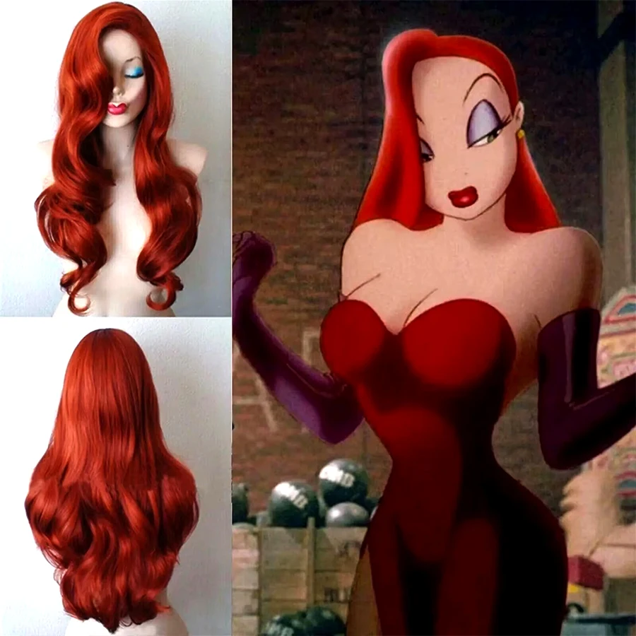 

Womens Copper Red Wavy Wigs Jessica Rabbit Long Curly Ladies Hair Cosplay Synthetic Wig