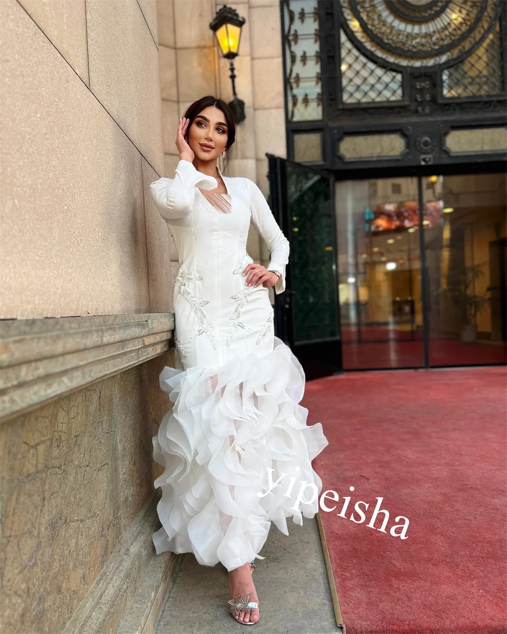 Jiayigong Charmeuse-vestido con volantes y cuello en V, vestido de ocasión a medida, Midi, Es Arabia Saudita