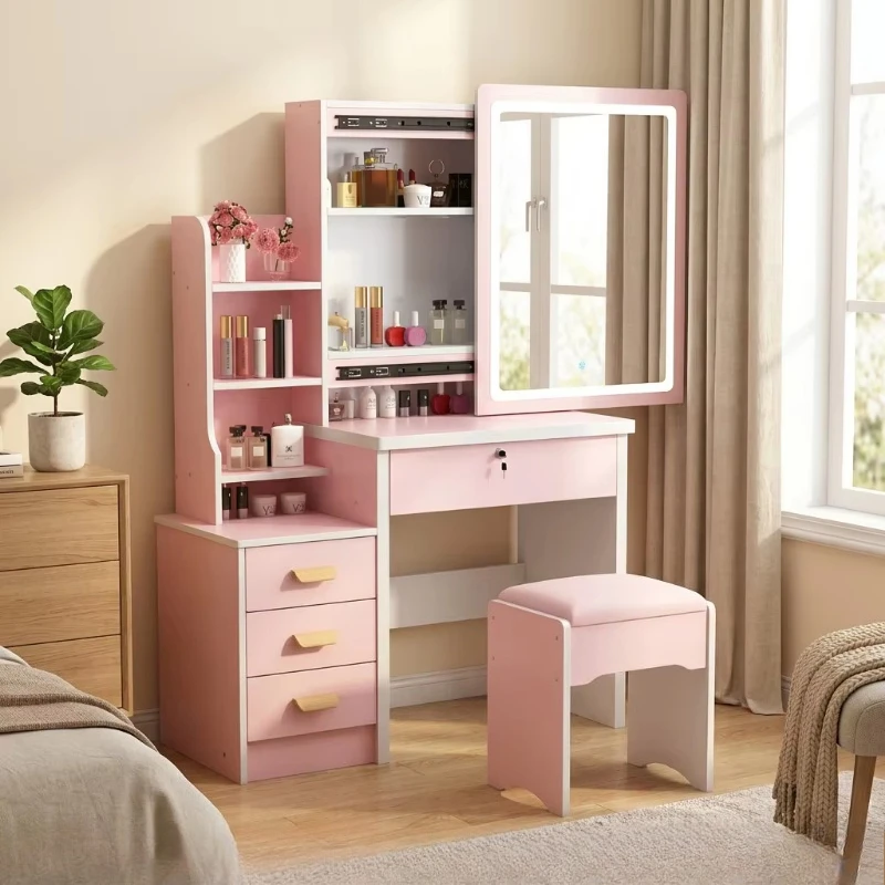 Hot Sale Modern Nordic White Wood Panel Lighted Dressing Table Mirror Apartment Use Storage Drawers Vanity Makeup