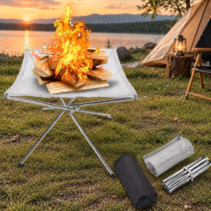Compact Foldable Stainless Steel Fire Pit with Mesh Base and Wood Stove Holder for Outdoor Camping and BBQ