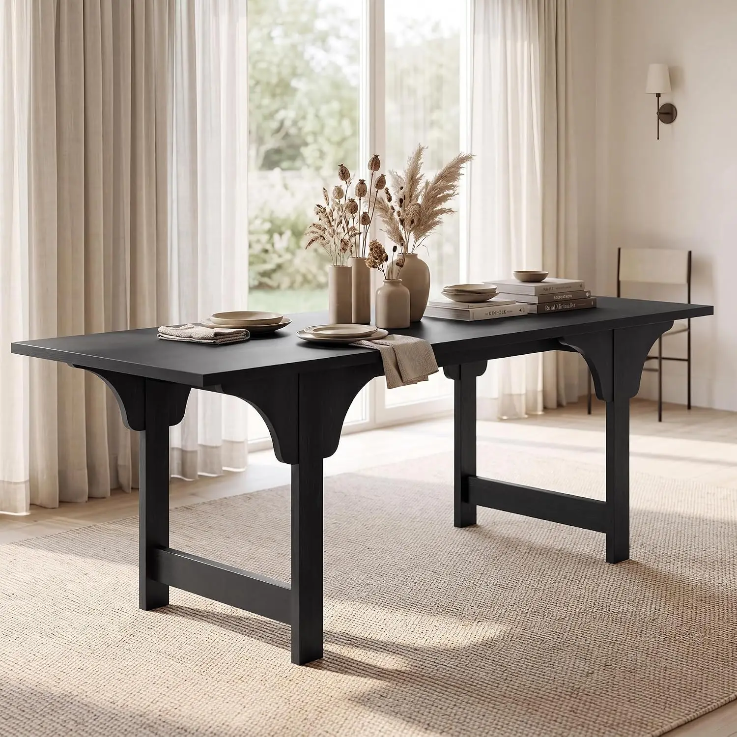 Modern Wooden Dining Table with Arched Design & Thick Sturdy Base for 4-6 People, Kitchen Dining Room, Black, Customized