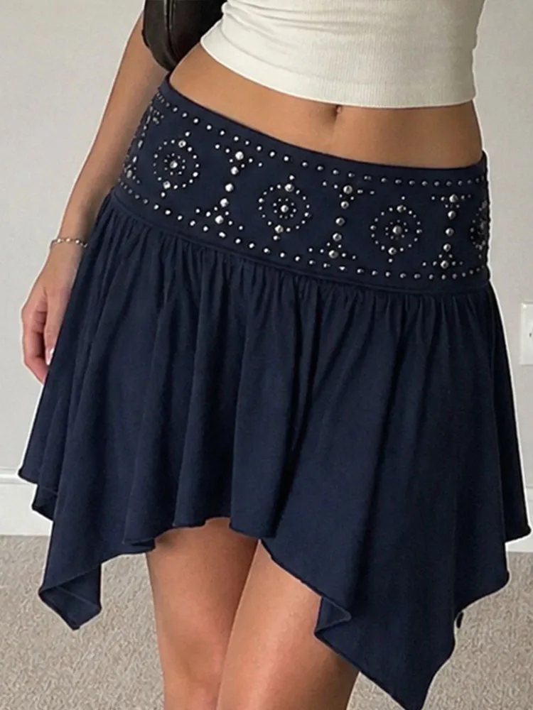 Fashion Rivet Patchwork Asymmetrical Skirt Women's Low Waist Elastic Pleated A-line Midi Skirt Harajuku 2000s Street Bottoms