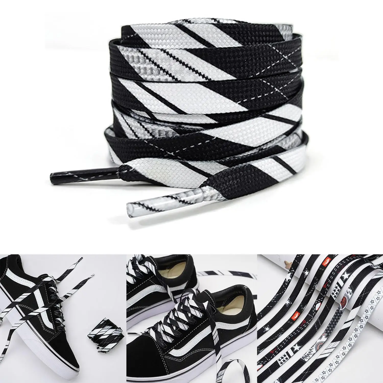 

New Black White Flat Shoelaces Personality High Quality Sport Shoestring Star Cashew Flower Shoe Laces For Kids Adults Sneakers