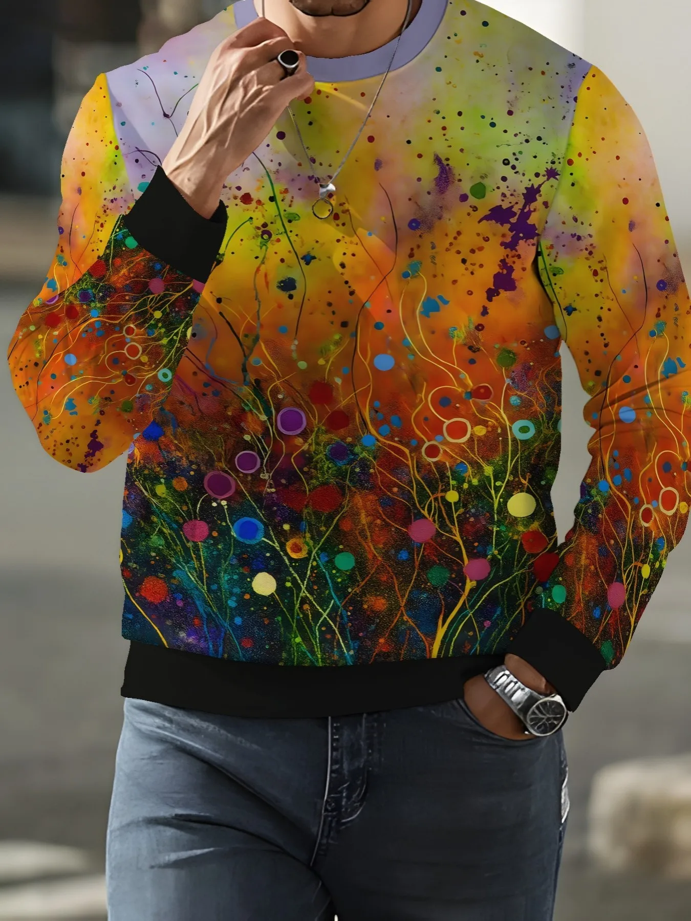 Men Art Crewneck Sweatshirt, Colorful Abstract Floral Splatter Print Polyester Casual Pullover