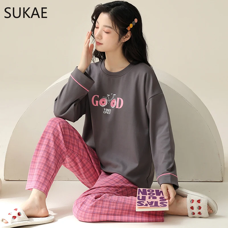 Sukae M-5XL große Größe Frauen Pyjama Set Herbst Winter neue Baumwolle lange Ärmel Frau Nachtwäsche lässig Mädchen Pyjama Cartoon Nachtwäsche