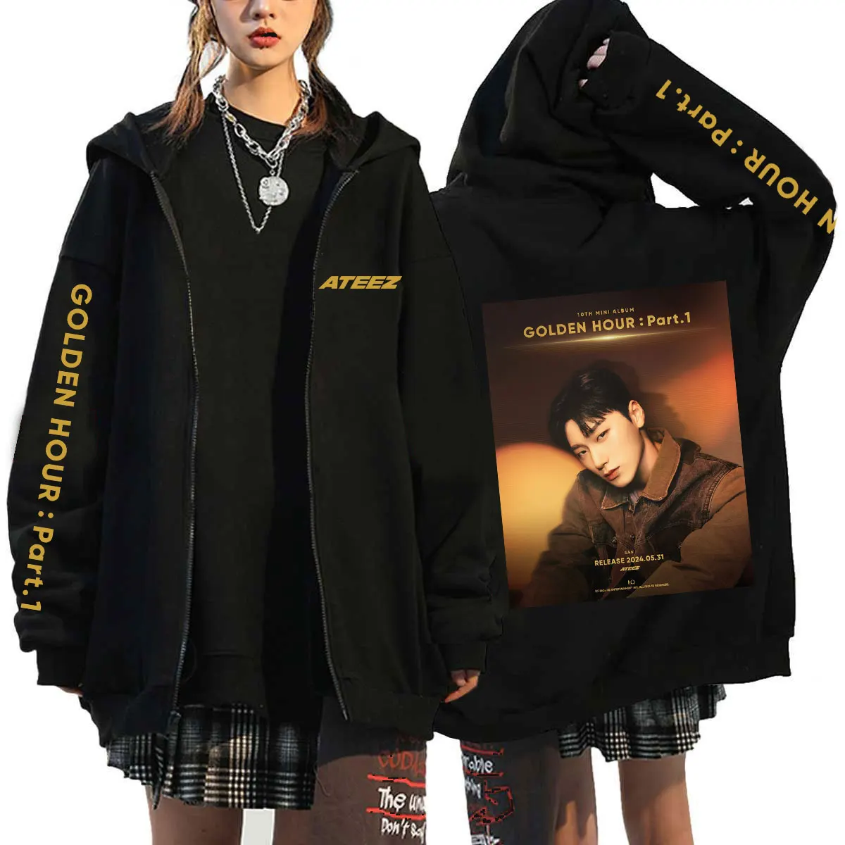 Kpop Ateez GOLDEN HOUR part 1 Hoodie Men Long Sleeve Loose Jacket Coats Harajuku Casual Gothic Hooded Sweatshirt Y2K Streetwear