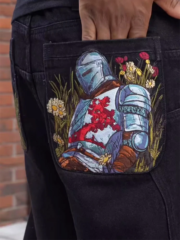 خمر التطريز فضفاض مستقيم الجينز رجالي خريف شتاء أنيق المرقعة سراويل جينز الرجال المألوف بلون جان