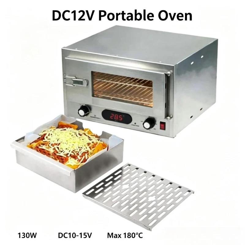 12V DC Portable Car Oven Stainless Steel Visual Window Temperature Timing Mini Electric Roaster for Camping RV Travel