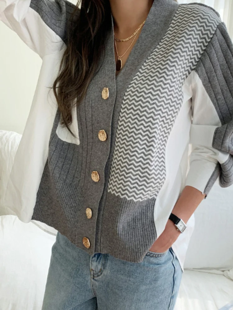 [EWQ] Korean chic Casual big size Knit Cardigan Single Breasted Contrasting Colors Women Knitted Clothing 2024 Autumn New GZ312