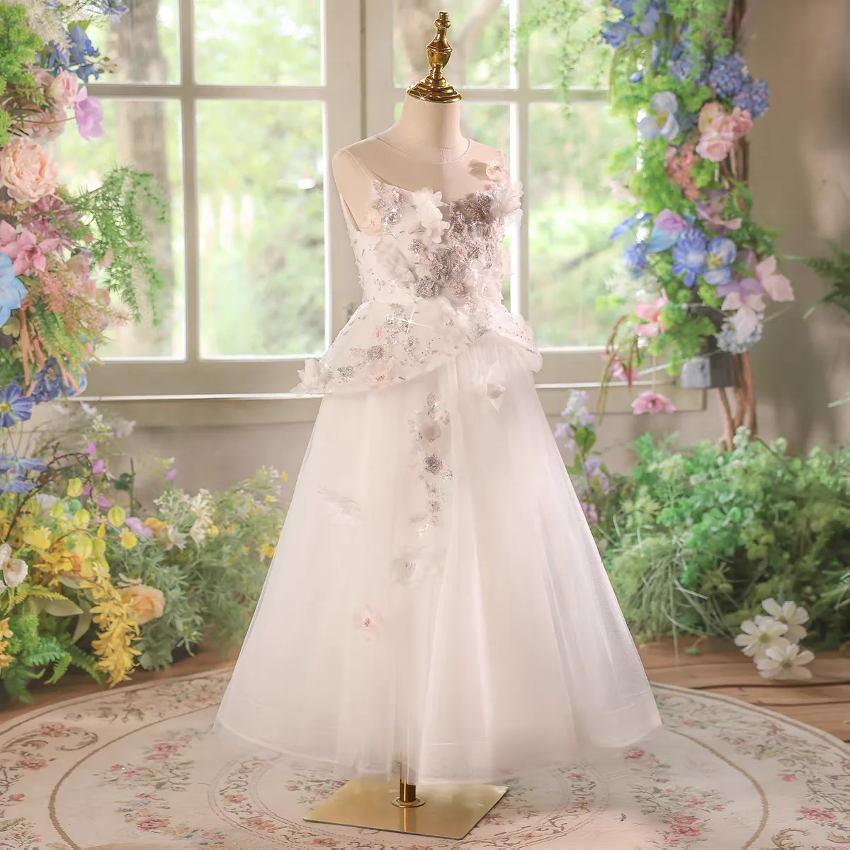 Dreamy voto d192 branco miçangas lantejoulas flores vestido de princesa para meninas lindo casamento festa de aniversário concurso vestido de férias