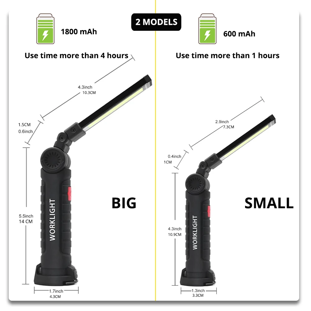 Rechargeable LED Work Light Flashlight with Magnet and Hook IPX-4 Waterproof 5 Lighting Modes Suitable for Night Work, Etc.