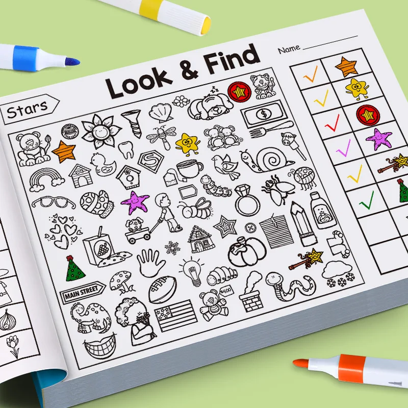 Caderno de desenho infantil de 32 páginas, look and Find, busca de itens infantis, jogo e atenção, percepção visual, livros divertidos para colorir